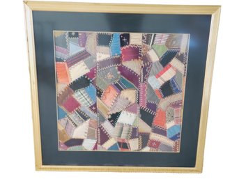 Vintage Framed Portion Of Handsewn Patchwork Colorful Crazy Quilt