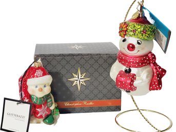 Two 2005 Christopher Radko & 2007 Glitterazzi Blown Glass Snowman Christmas Ornaments  (Lot 1D)