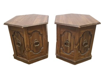 Pair Of Vintage Mid Century Modern Wooden Hexagon End Tables With Storage