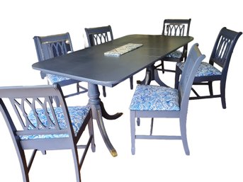 Vintage Repainted & Reupholstered In Navy Blue With Gold Accents Wood Dining Table With Six Chairs