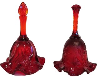 Pair Of Unique Fenton Art Glass Ruby Red Ruffled Bells: Swirled Paisley & Amberina