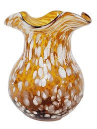 Small Vintage Ruffled Edge Amber & White Blown Art Glass Vase