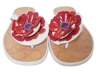 Never Worn Ladies COACH Larisa Size 9M Sandals Flip Flop Leather Embosed Logo Footbed Flowers