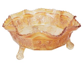 Vintage Marigold Butterflies Carnival Glass Large Ruffles Edge Footed Bowl