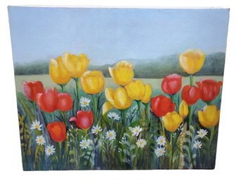 Beautiful Signed Oil Painting - Red & Yellow Tulips In Garden - Signed MK Merrill