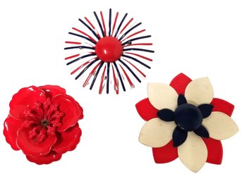 Vintage 1950s Red, White And Blue Enamel Flower Brooches Pins