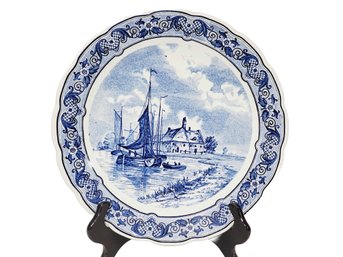 Vintage Blue Delft Holland Royal Sphinx Petrus Regout Scenic Sailboats Round Platter Wall Hanging