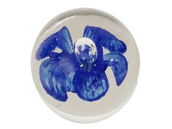 Clear Glass Paperweight With Cobalt Blue Flower