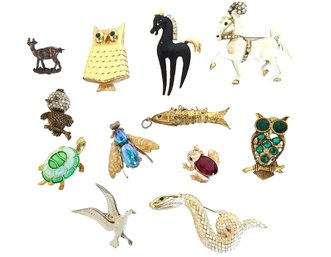 Cute Assortment Of 12 Vintage Sparkly Animal & Insect Pins Brooches: Kramer, Mamselle, Jeanne, Avon