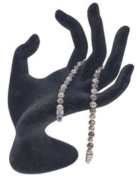 Sterling Silver 925 Italy Ladies Diamond Cut Beaded Silver & Black Chain Bracelet With Blue Stone Accent (Bag1