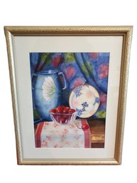 Blue Vase With Cherries - Frames Artist Signed SCAN Art Show Entry Watercolor Still Life-Mary Karen Merrill