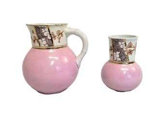 Antique Porcelain Pink Vase And Pitcher With Gold Trim