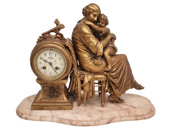 Antique Late 19th Century French Bronze Mantel Clock - AJ Scotte - First Caresses On Marble Base With Key!
