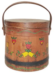 Vintage Folk Art Country Primitive Wood  Firkin Handled Flour Bucket - Hand Painted