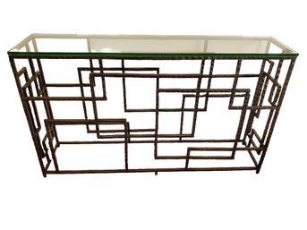 Crate & Barrel Trellis Wrought Iron Glass Topped Geometric Sofa Accent Console Table