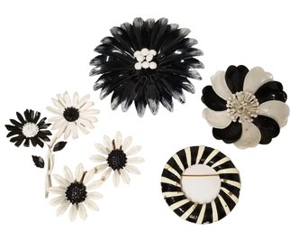 Vintage 1950s Black And White Enamel Flower Brooches Pins - Including ART