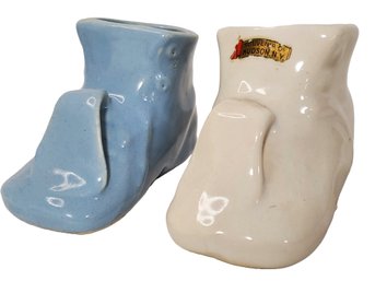 Adorable Pair Of White & Blue Ceramic Baby Shoes Souvenir Of Hudson New York