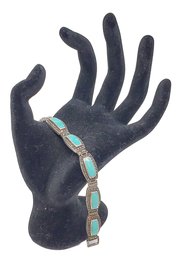 Vintage Ladies Sterling Silver 925 Marcasite & Turquoise Stone Link Bracelet (Bag 1)