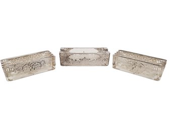 Three 19th Century Antique Art Deco Style Glass Silver Overlay Cigar Ashtrays