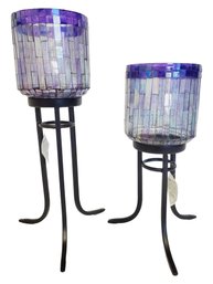 Pair Of Never Used Mosaic Paradisio Pillar Blue / Purple Glass Candle Holders With Wrought Metal Black Stands