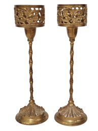 Vintage Pair Of Pierced Ornate Brass Footed Candlestick Holders