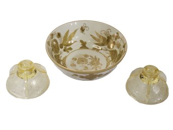 Two Candlestick Holders Florentine Poppy Yellow By Hazel Atlas & LJ Japan Yellow/gold Porcelain Bowl