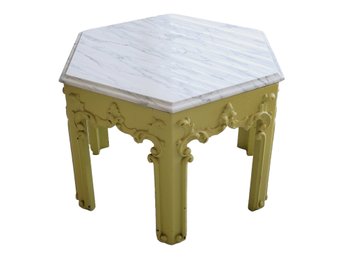 Vintage Hollywood Regency Marble Topped Yellow Painted Carved Wood Hexagon Side Table