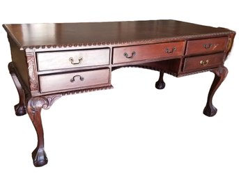 Vintage English Chippendale Style Mahogany Ball Claw Executive Writing Desk Reproduction
