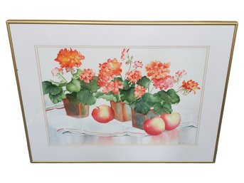 Beautiful Framed Watercolor Painting Geraniums & Roses Signed Local Artist MK Merrill