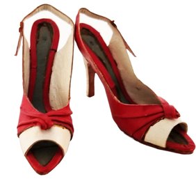 Vintage Miniature Tiny 1.10' Tall Decorative Red & White Leather (?) Sling Back High Heel Shoes