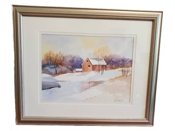 SCAN Newtown CT Art Show Framed Artist Signed Farm Snowfall Watercolor Mary Karen Merrill