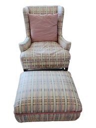 Beautifully Reupholstered Wing Back Chair & Matching Ottoman - Pastel Plaid Fabric