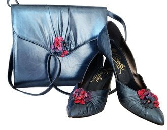 Vintage Leather 3D Flower Pointed Toe High Heel Pumps & Clutch Set By Carla Of Florida Size 9M