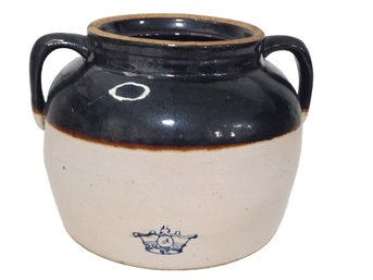 Antique Brown & Tan Pottery 4 Quart Bean Pot With Handles - No Lid