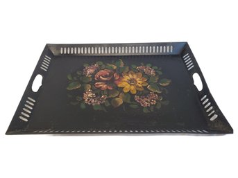 Vintage Black Painted Floral Metal Pierced Toleware Oblong Serving Tray