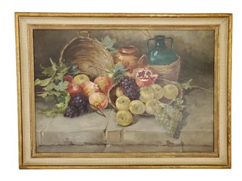 Vintage Framed Signed Fruit & Wine Canvas Painting With Gimbel's Department Store Tag