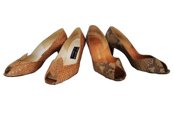 2 Pairs Of Vintage Stuart Weitzman 'mr. Seymour' Snake Skin Peep Toe High Heel Shoes Size 8/8.5