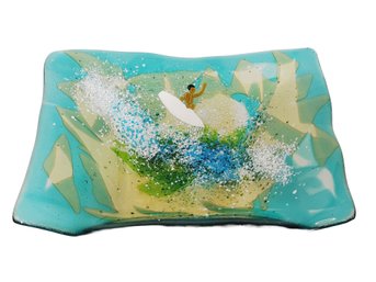 Vintage Colorful Fused Art Glass Surfing Themed Platter Dish