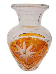 Vintage Hand Cut Crystal Bohemian Polish Vase, Amber Cut To Clear