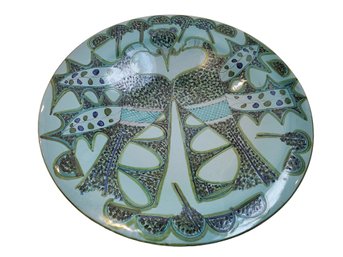 Large Signed Handpainted Ceramic Round Wall Art Bowl - Bird Motif