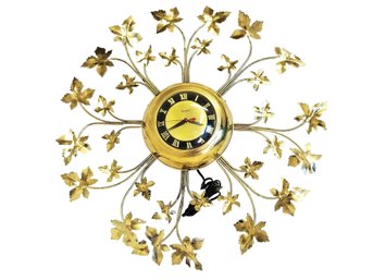 Vintage Mid Century Modern 1960s United Brass Leaf Design 24' Electric Wall Clock