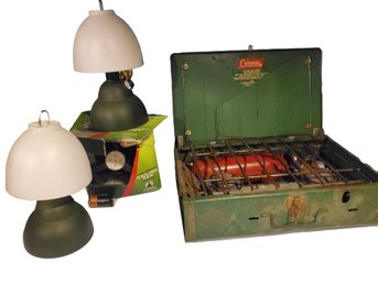 Coleman Camping Gear - Two Battery Operated Lanterns, Tent Ceiling Fan & Vintage 2 Burner Camp Stove