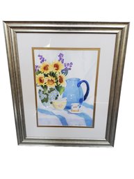 Framed Signed Artist MK Merrill Still Life Watercolor Painting - Sunflowers & Blue Pitcher