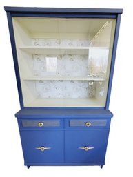 Wonderful Hand Decorated Blue Repainted Vintage China Cabinet With Sliding Glass Doors