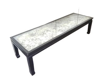 Very Long Vintage MCM Wood Asian Style Black Rectangular Coffee Table With Verre Eglomise Mirrored Inset Top