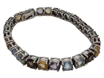 Ladies Sterling Silver 925 Multi Colored Gemstone Tennis Link Bracelet (bag 2)