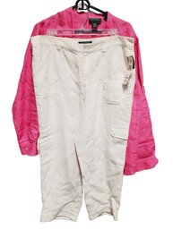 NOS Ladies Ralph Lauren White Size 12 Linen Capri Pants & Size L Linen Hot Pink Long Sleeved Button Down Top