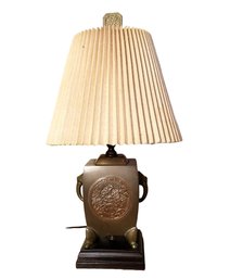 Mid 20th Century Brass & Copper Chinese Dragon And Phoenix Lamp With Pleated Linen Shade