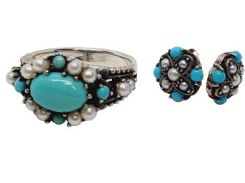 Ladies Sterling Silver 925 & Turquoise With Seed Pearls Ring & Stud Earrings (bag 1)