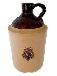 Vintage Stoneware Tan & Brown Jug By Collegian Specialty Co Alpha Phi Omega Crest Shield Design